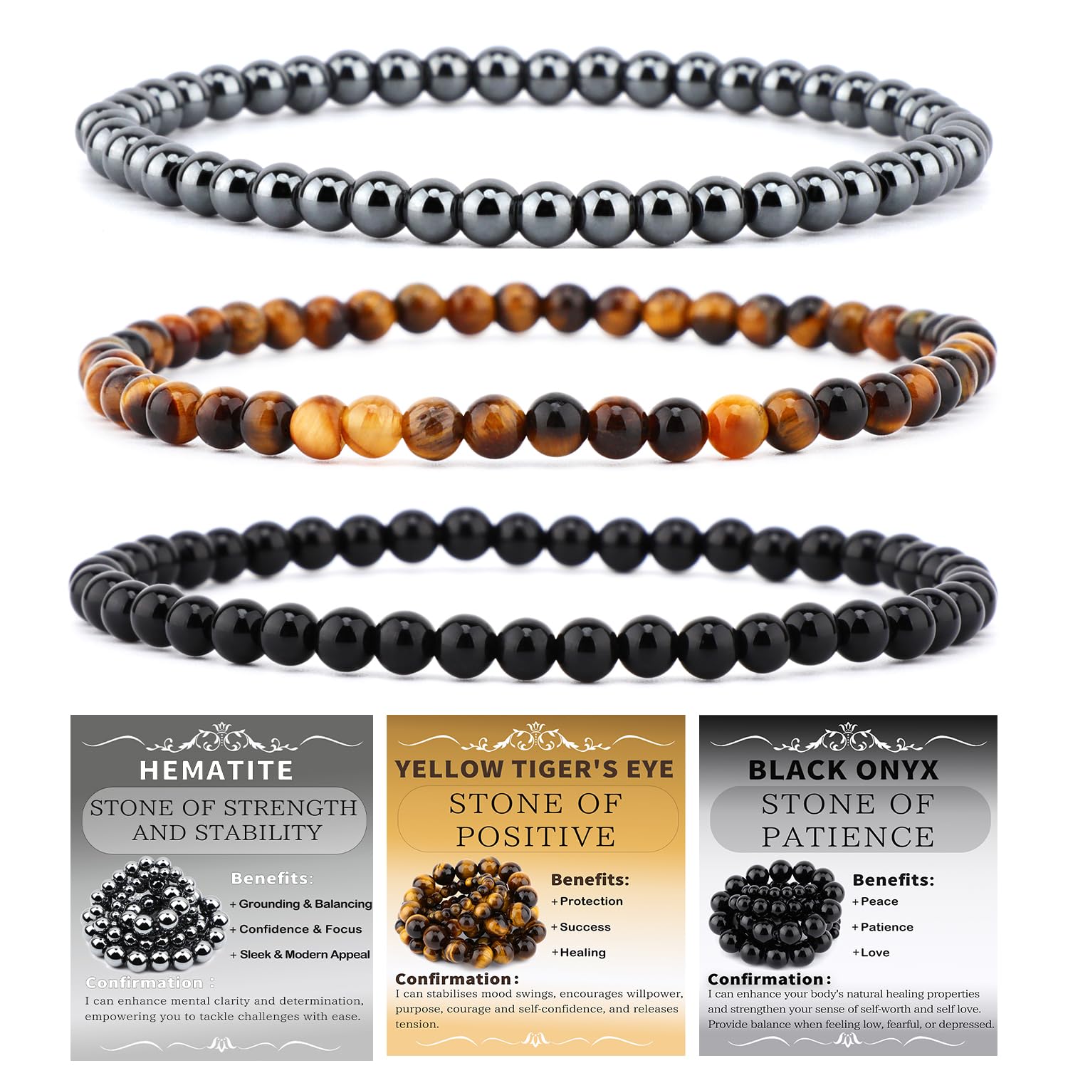 NCB 3-Piece 4mm Natural Crystal Gemstone Stretch Bracelets | Handmade Reiki Energy Healing Jewelry for Meditation, Yoga, Unisex - main product image