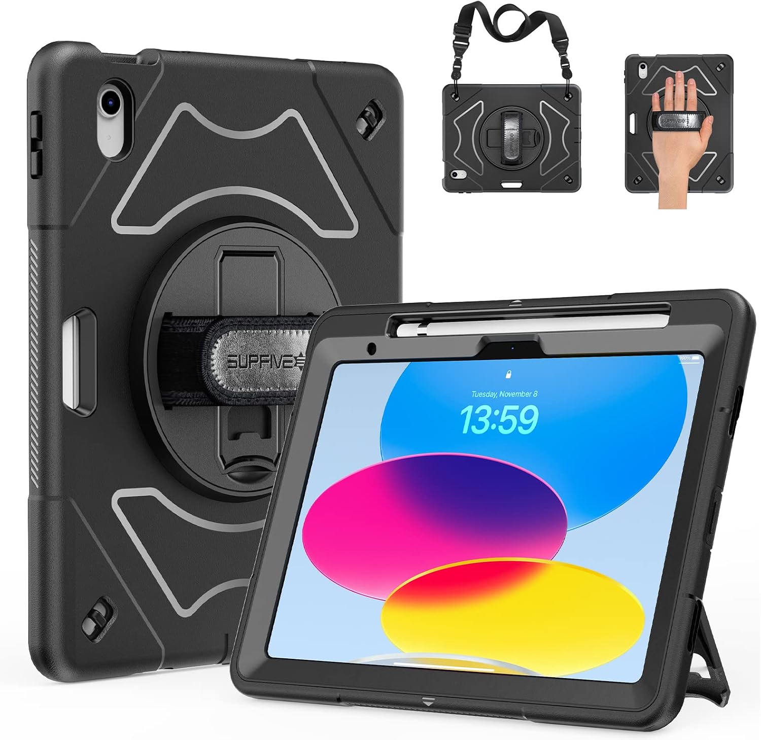 SUPFIVES Case for iPad 10th Generation 2022: Upgraded Military Grade Shockproof Soft TPU Protective Cover with Kickstand-Handle-Shoulder Strap for iPad 10th Gen 10.9 Inch -Black