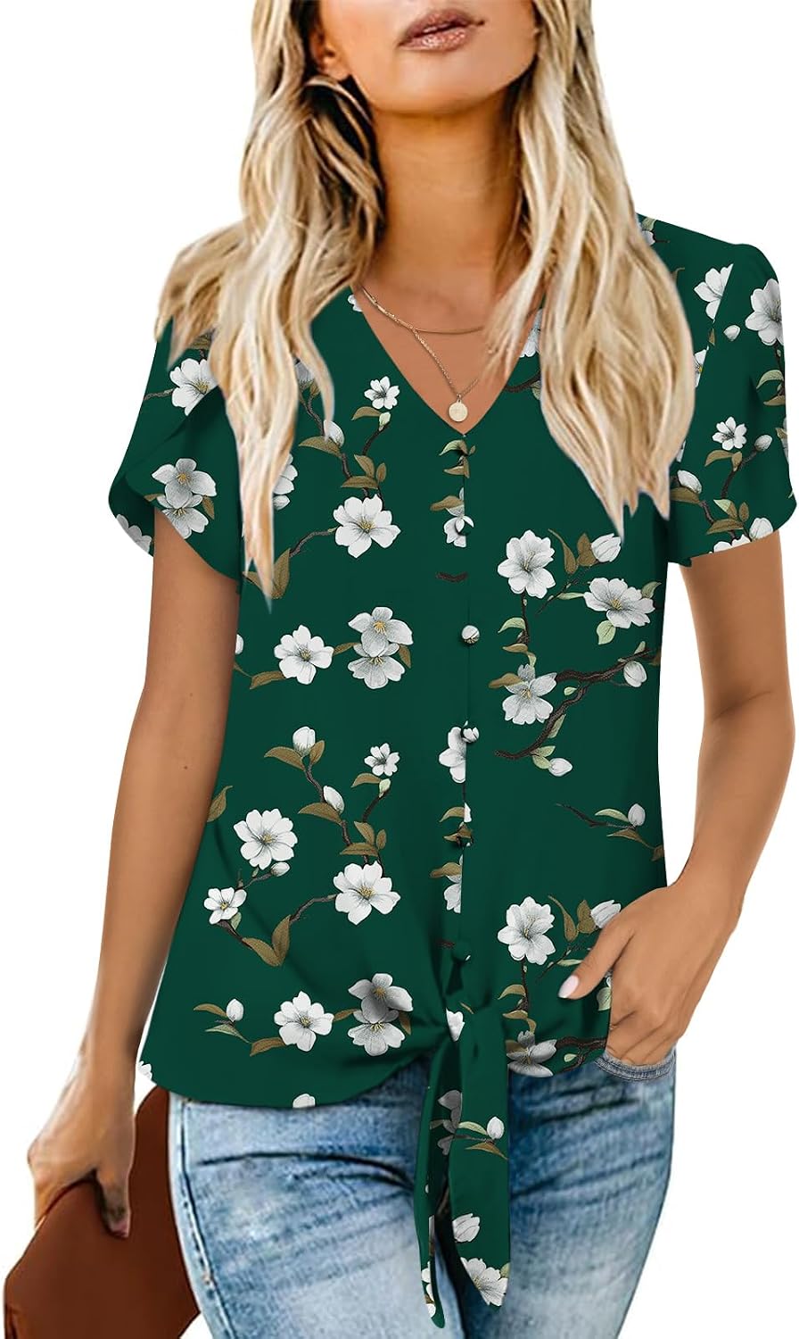 Addtoo Womens 2026 Casual Summer Tops V-Neck Button Down Shirts Loose Fit Tunic Blouses