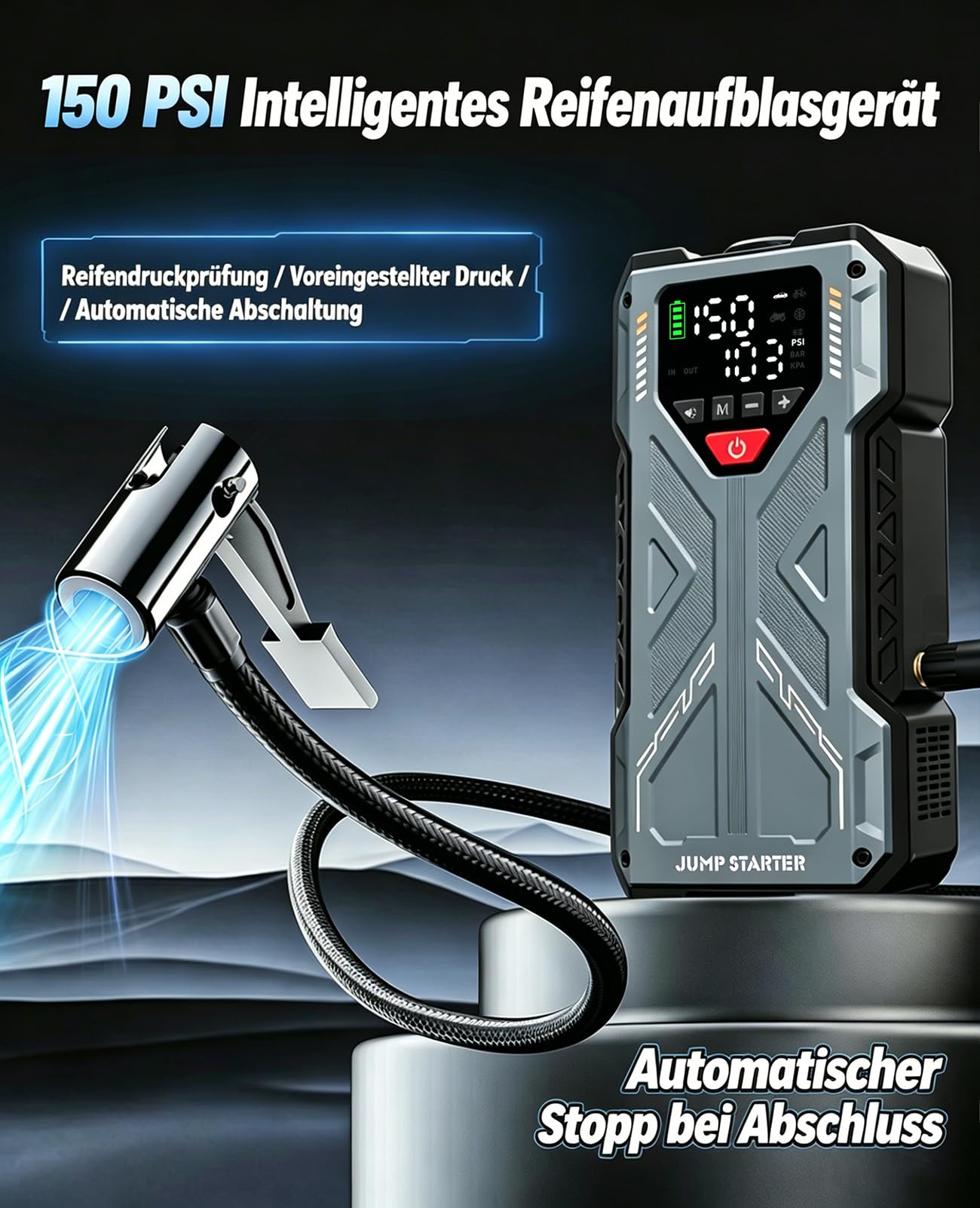 Starthilfe Powerbank 8000A für PKW, Auto Starthilfe mit Kompressor 150PSI, 12V Batterie Booster Jumpstarter für Alle Benzin/10L Diesel mit LED Display & Starterkabel, Frauen