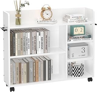 VECELO Book Cart, Wood Rolling Library Book Truck with Lockable Wheels and Adjustable Shelves, for Home Office, White