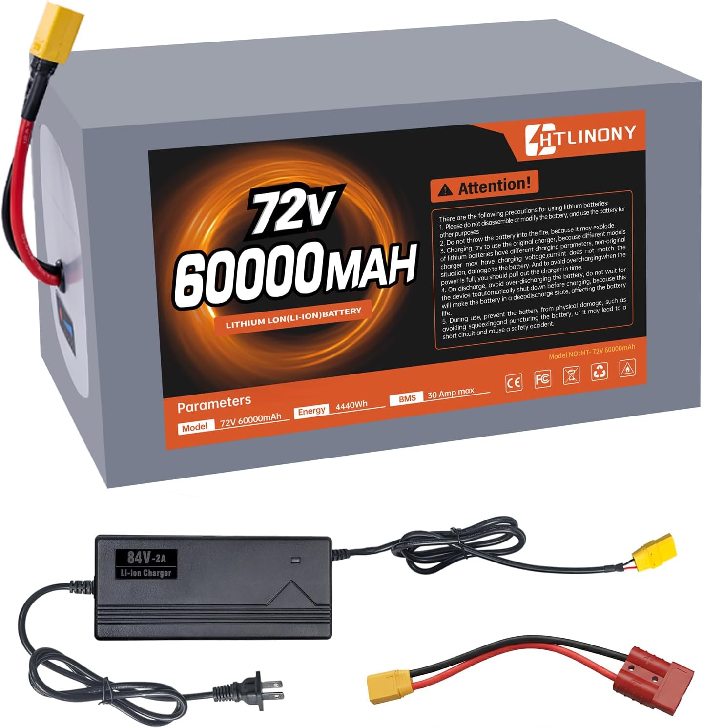 HTLINONY 72V 60Ah Lithium Battery for E-Bike, Scooter, Motorcycle – 30A BMS, LED Display, XT90 & Anderson Connectors, 250W-3500W Motor Compatible