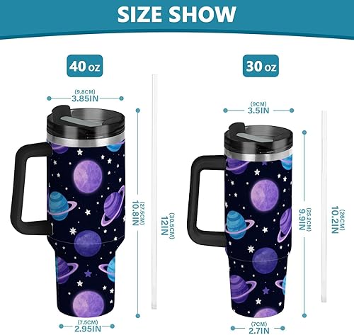 Miniatura 3 de Botella de agua de boca ancha al vacío con diseño de planeta espacial de dibujos animados, con correa, tapa a prueba de fugas y pajita, taza de café