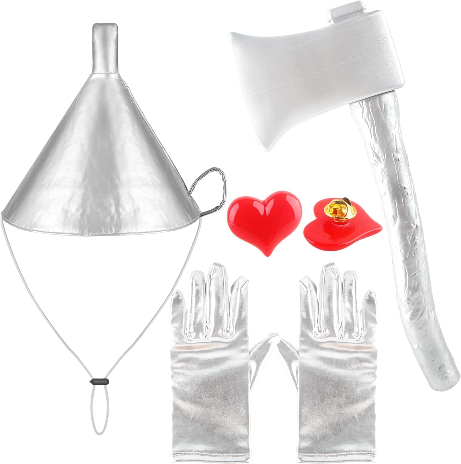 4 Pcs Silver Axe Funnel Hat Set with Heart Brooch Silvery Gloves Metallic Wizard Costume Accessories for Halloween Cosplay Party