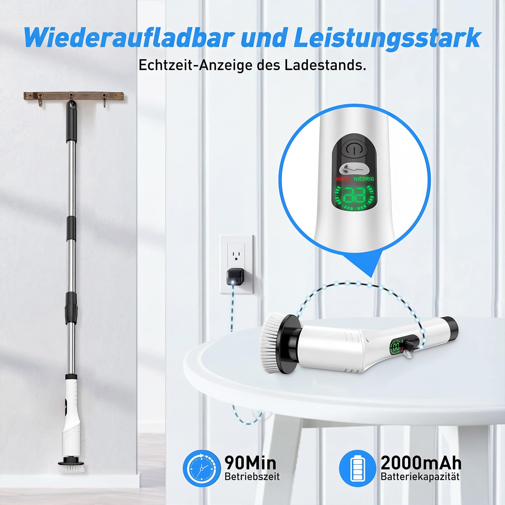 Elektrische Reinigungsbürste mit 9 Austauschbaren Bürstenköpfen 9-in-1 Akku Reinigungsbürste 2 Geschwindigkeiten, Verstellbarer Teleskopgriff für Bad, Fliesen, Auto, Küche, Fenster