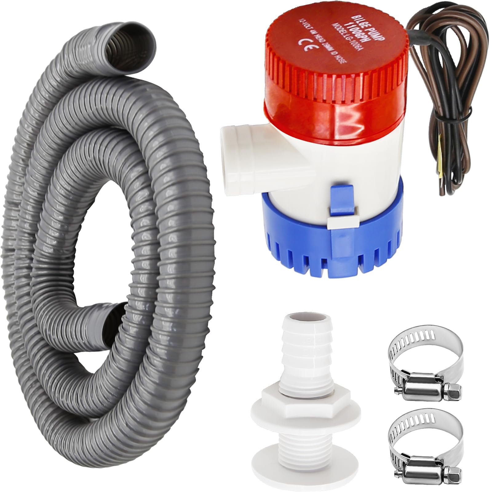 Bomba de Achique Agua, Bomba de Agua de Sentina Sumergible para Barco, Kit de Fontanería, Bomba de Sentina de PVC, Manguera de 12 V, 2 Abrazaderas de Manguera a través del Casco