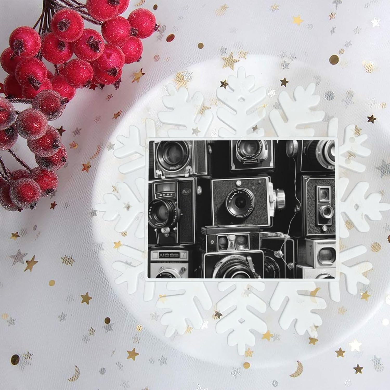 Christmas Ornaments Retro Cool Camera Collection Snowflake Hanging Plastic Glitter nowflake Ornaments with Silver Rope Christmas Tree Decorations for Window Door Accessories image 5