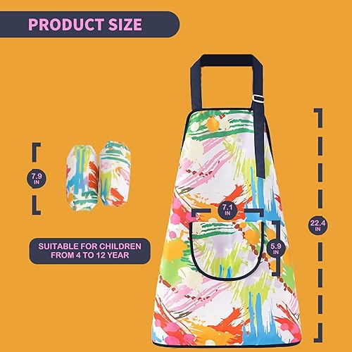 Miniatura 4 de Paquete de 2 delantales infantiles para niñas y niños, delantal de pintura impermeable con bolsillos para cocinar, hornear, manualidades de cocina y