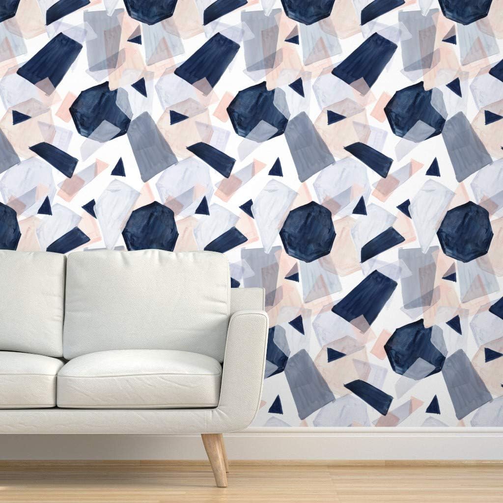 Super Deal Product Peel & Stick Wallpaper 9ft x 2ft - Geo Shapes Navy Blush Watercolor Soft Mod Geometric Abstract Boho Pastel Custom Removable Wallpaper by Spoonflower