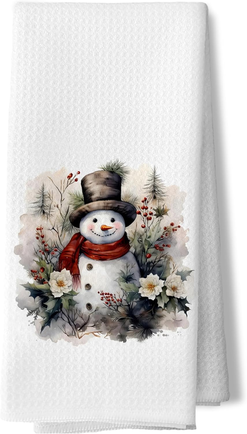 Vintage Christmas Snowman Kitchen Towels, Rustic Winter Botanical Snowman Dish Towels for Kitchen, Farmhouse Christmas Decorative Hand Towels for Bathroom Kitchen,16x24In