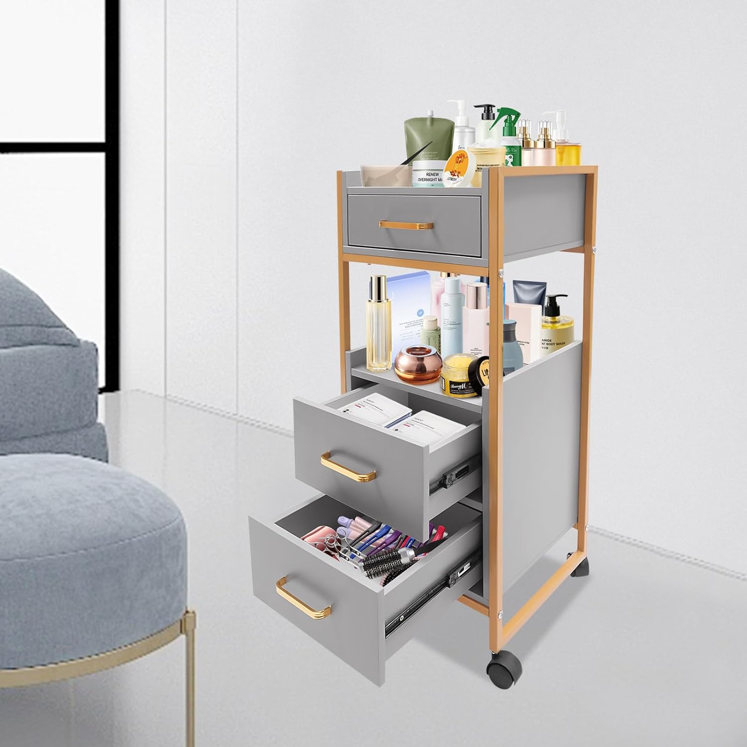 Salon Trolley Storage Cart with Wheels, Hair Cart Mobile Barber Cabinet, Rolling Storage Station with 3 Drawers, 2 Open Shelf & Tool Holder, Utility Trolley for Salon, Barbershop, Spa & Tattoo (Gray)