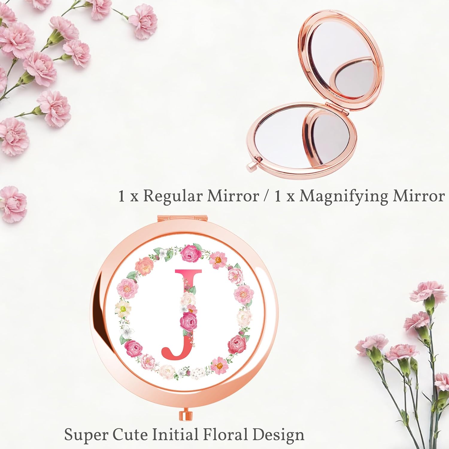 jekiinova Floral Initial Compact Mirror with Makeup Bag Set, Personalized Gift for Women Sister Daughter Granddaughter Bridesmaids Mom Wife Monogram Alphabet Ideal Gift on Birthday, Christmas