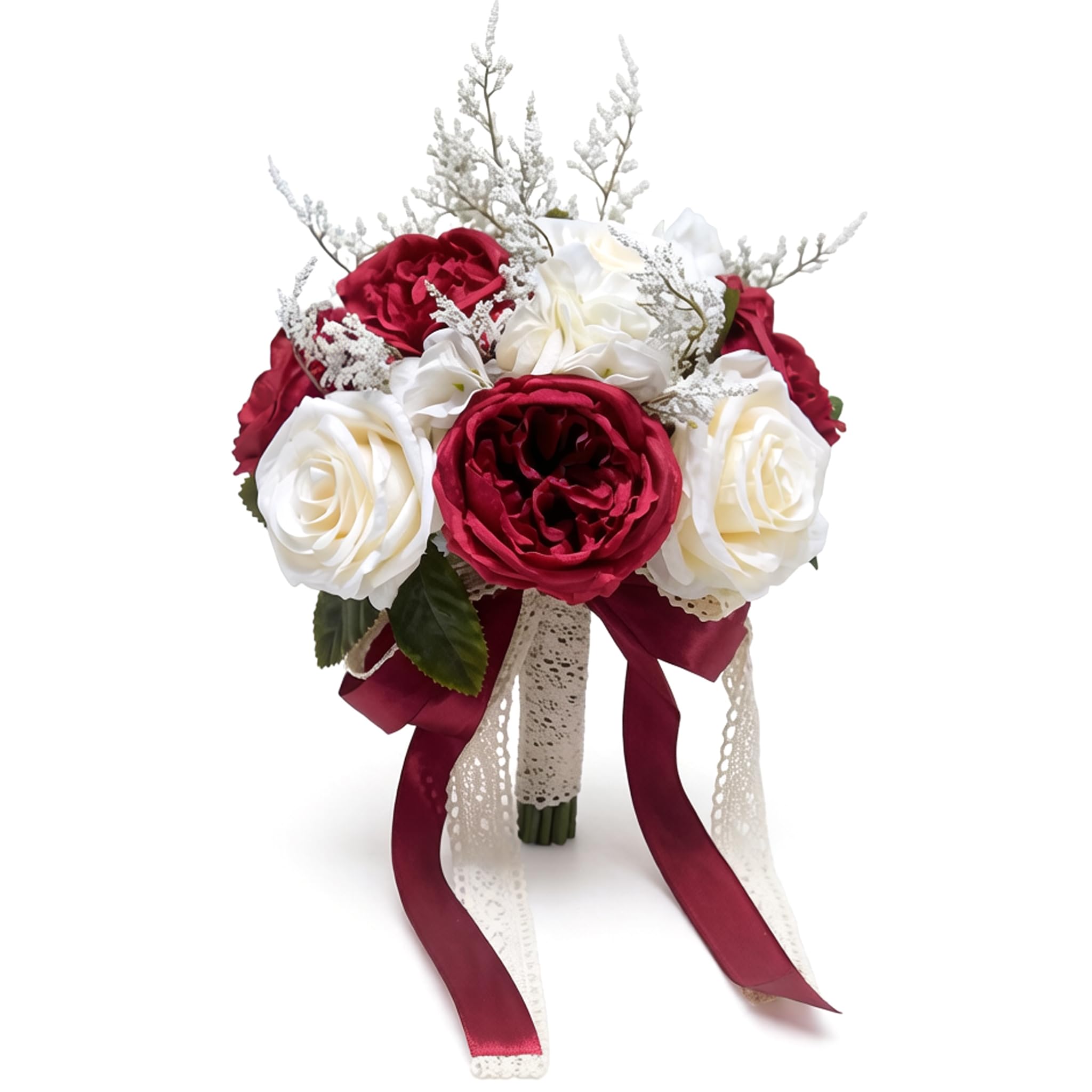 Bouquet da sposa, confezione da 1 bouquet da sposa artificiale, design realistico che non appassisce mai, Borgogna e Champagne, 7, 87x9, 06 pollici, Rosso e 1