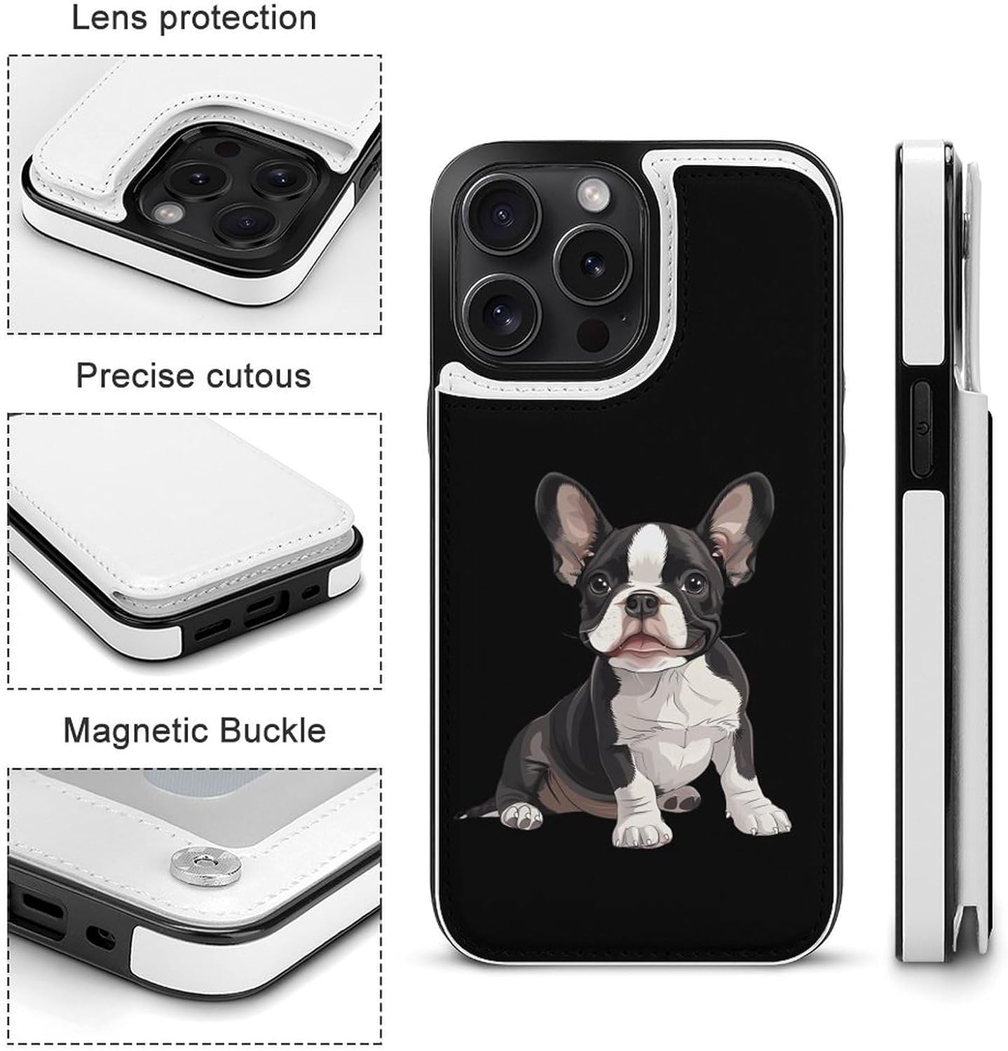 Cute Boston Terrier Dog Wallet Flip Case Protective Cover Compatible with iPhone 15/15 Plus/15 Pro/15 Pro Max with Card Slots