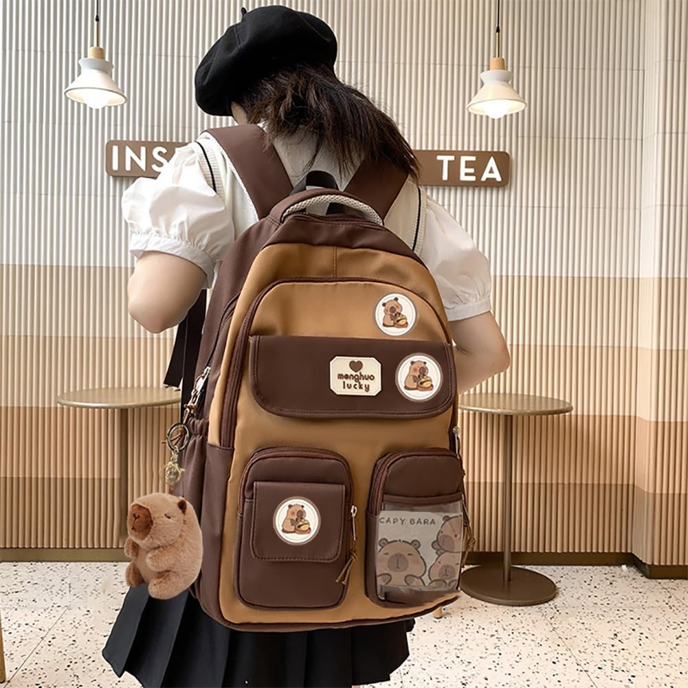 Capybara Backpack, Cute Multifunctional Large Capacity KawaiiCapibara Schoolbag over Eight Years Old with Plush Pendant (White)