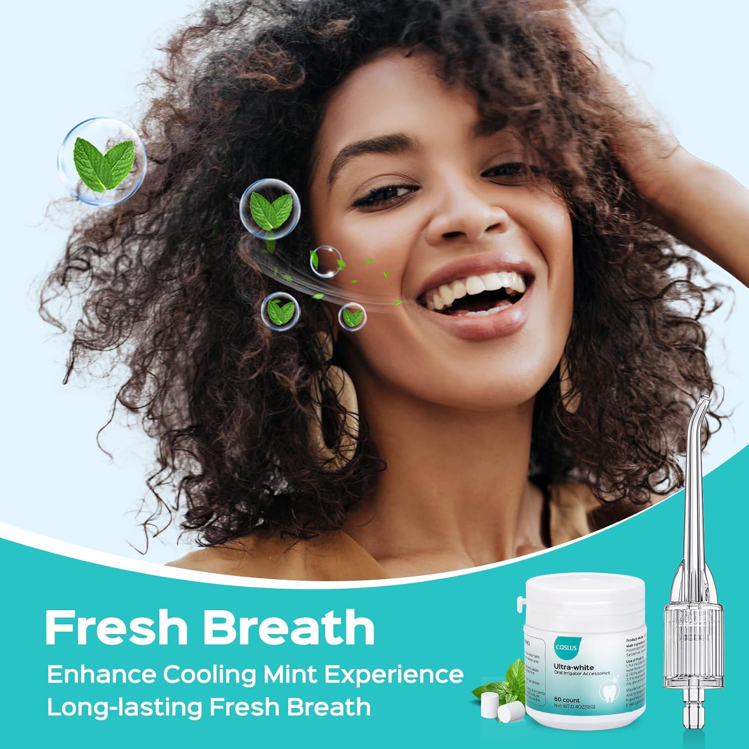 COSLUS Professional Whitening Flosser 300ML & 60 Mint Tips for F5020E - Cordless, IPX7 Waterproof, Travel Home Use