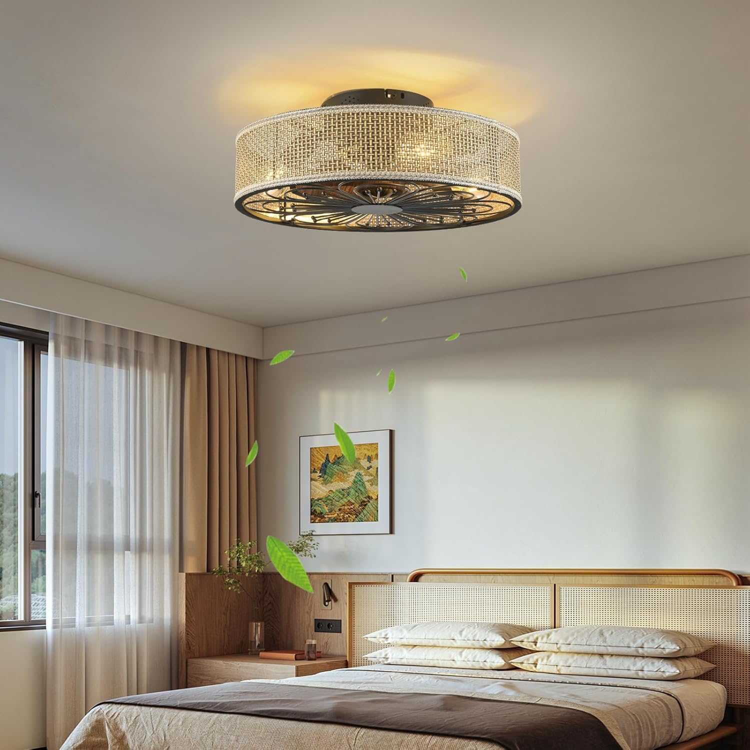 Modern Boho Rattan Flush Mount Ceiling Fans with Lights and Remote Control Low Profile Bladeless Ceiling Fan Timer and 6-Speed Reversible Motor for Bedroom, Kitchen, Dining Room Include Bulbs