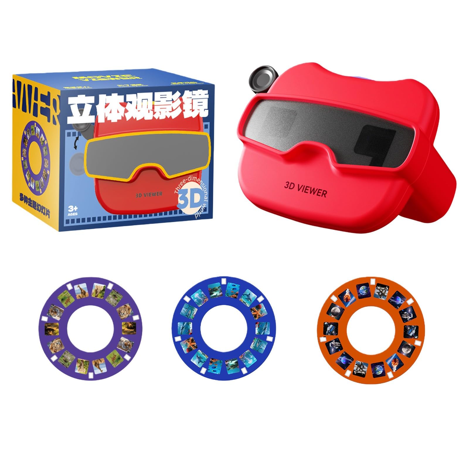 3D Stereoscopic Viewer Toy,Portabble Story Projection Device,Classic 3D View finder With 3 Reels,Visual Learning Tool, For Classroom Home Preschool Holiday(Red With 3 Reels)