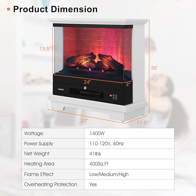 Chimenea Eléctrica Freestanding Tangkula 27" 1400W Blanca miniatura 3