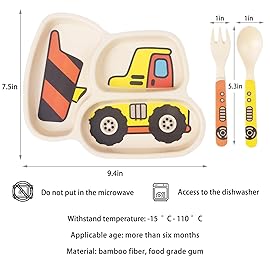 Kid Plate Set Bamboo Toddler Plates Dinnerware Dinner Dish Set Baby Feeding Spill Proof Divided Plate - Baby Spoon and fork 3-Piece Set for Kids and Toddlers Teaches Child Portion Control