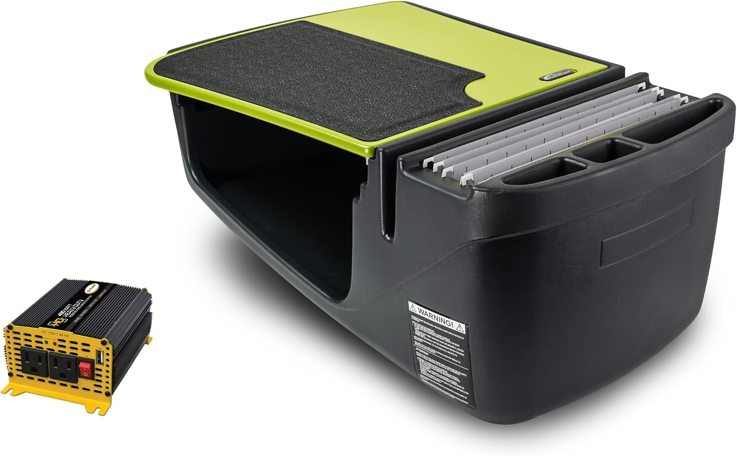AutoExec Efficiency GripMaster Car Desk for Your Vehicle Workstation and Mobile Office, Lime Light, with 400 watt Power Inverter