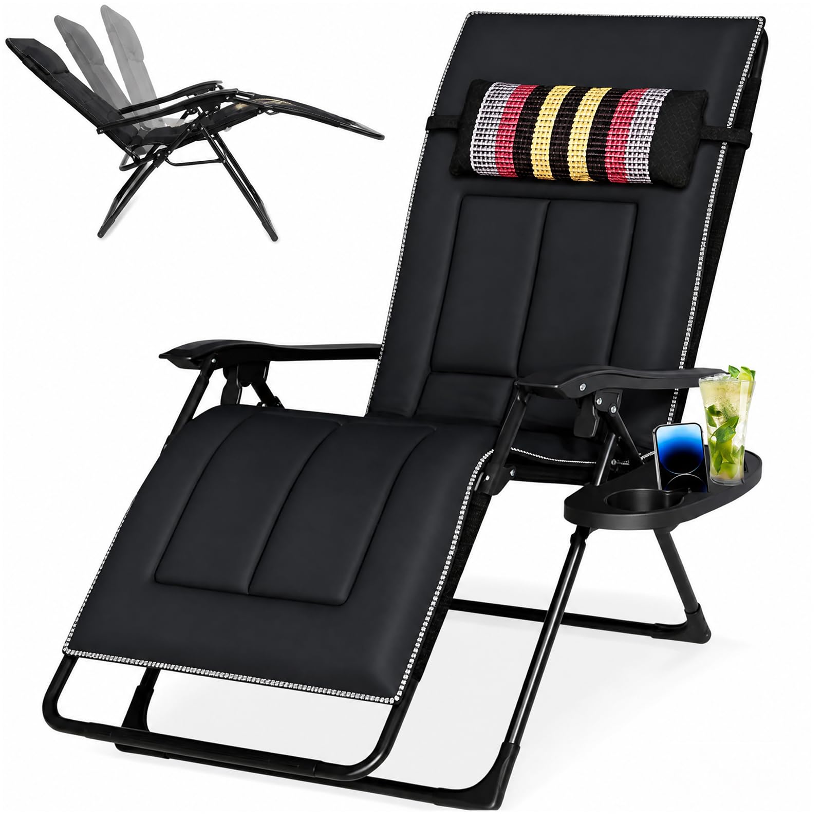 Tumbona Plegable hasta 200 kg, Tumbona Ajustable con cojín Cervical y Soporte para Bebidas, Tumbona ergonómica para jardín, balcón y Playa (Negro)