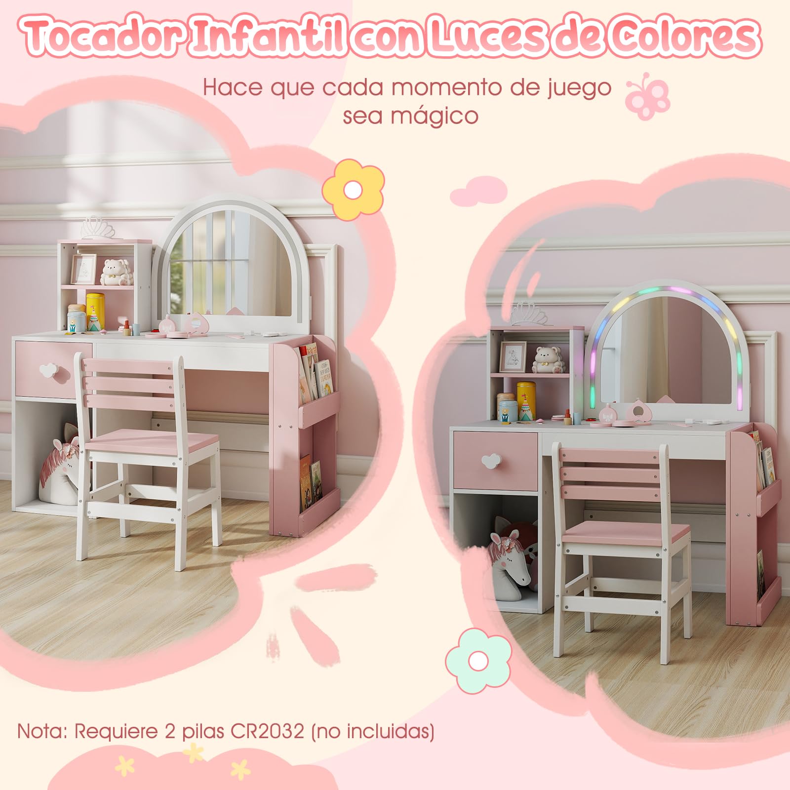COSTWAY Tocador de Maquillaje Niña, Tocador Niña con Silla Ergonómica, Espejo Iluminado, Estantería de 2 Niveles y Cajón de Almacenamiento, Juego de Mesa de Maquillaje para Niños de 3+ Años (Blanco)