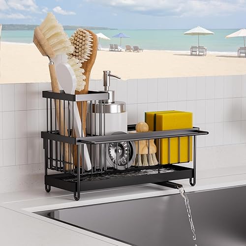 Soporte de esponja para fregadero de cocina, drenaje automático para fregadero de cocina, organizador de esponja de acero inoxidable con estante