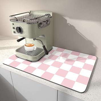 Dish Drying Mat for Kitchen, 16 X 18 Coffee Bar Mats for Countertop Fit Under Coffee Maker, Checkered Drying Mat, Hide Stain Rubber Backed Espresso Machine Absorbent Drying Pad, Pink & White