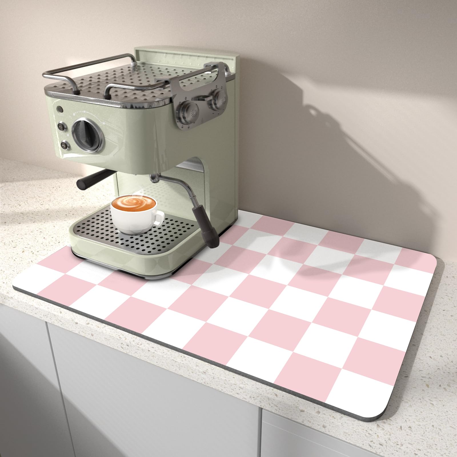 Trocknungsmatte für die Küche, 40 x 45CM Kaffee Bar Matten für Arbeitsplatte Fit Unter Kaffeemaschine, Verstecken Fleck Gummi Backed Espresso Maschine Saugfähige Trocknungsunterlage, Rosa & Weiß