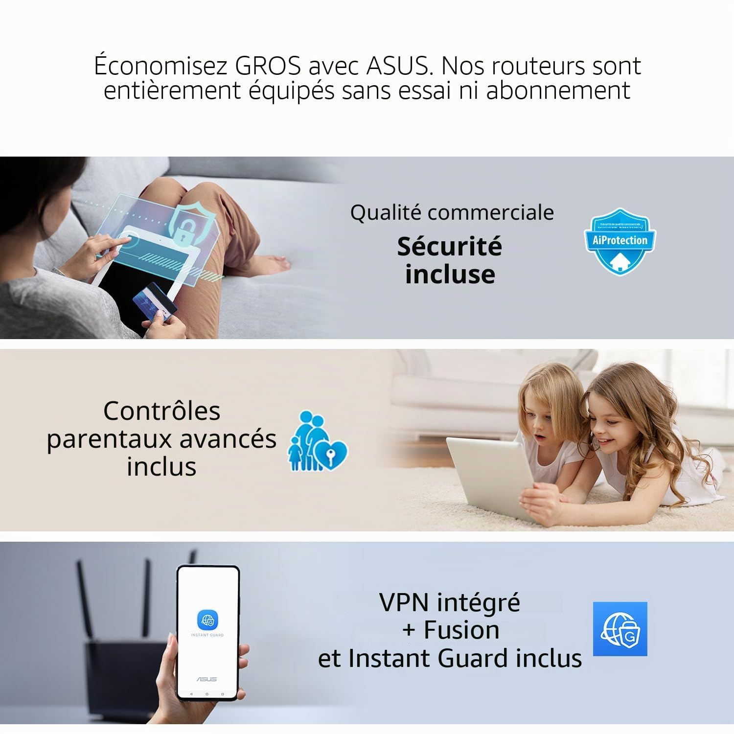 ASUS RT-BE86U BE6800 Routeur Wi-FI Double Bande, Prend en Charge 4096-QAM, MLO, Reconnaissance KI-WAN, AiMesh, sécurité réseau sans abonnement et Fonctions VPN complètes, Guest Network Pro, Gaming