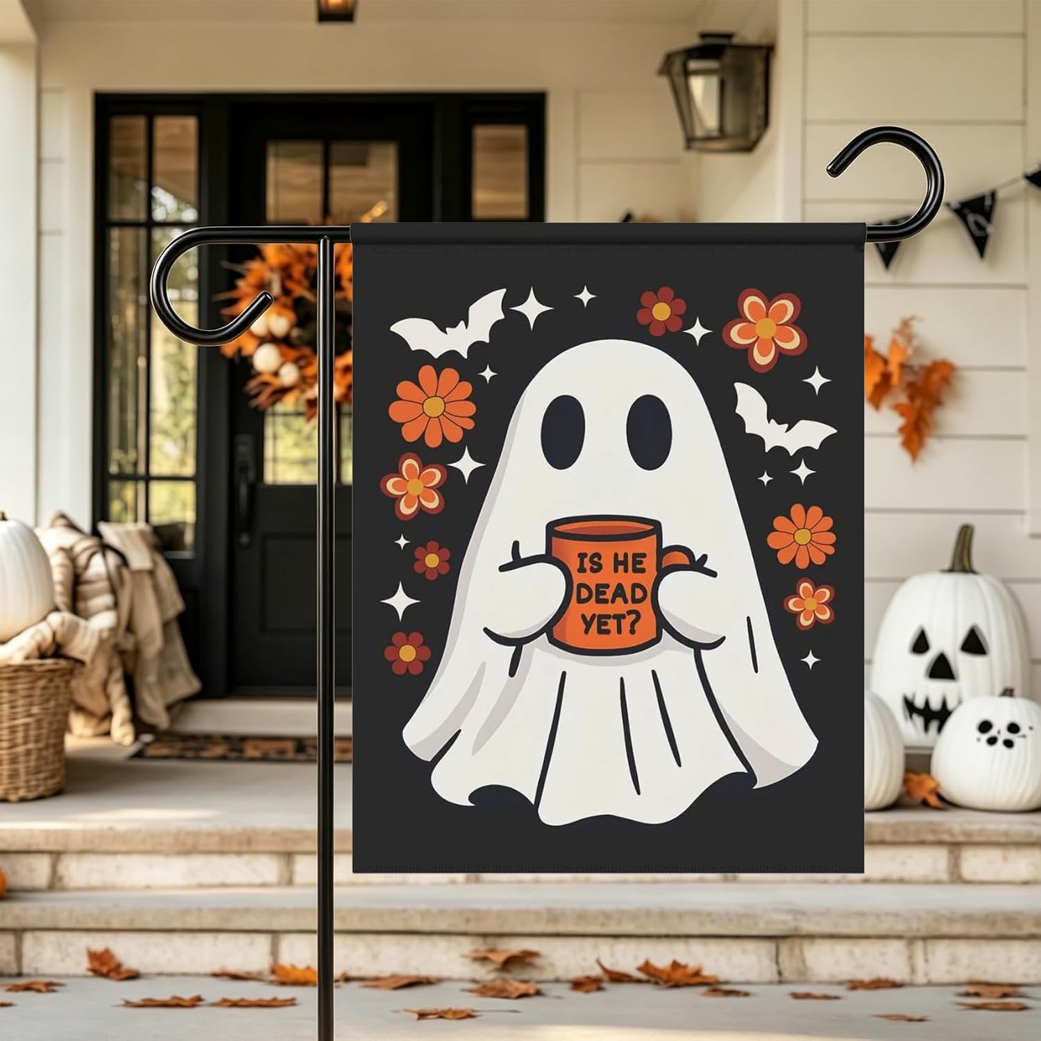 Halloween Ghost Garden Flag 12x18" Double Sided Floral Outdoor Yard Decor image 5