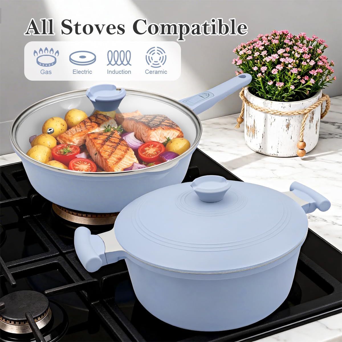 Pots and Pans Set Non Stick, Ceramic Cookware Set, Nonstick Steamer Pot and Pan for Cooking, Kitchen Cooking Set Non Toxic, Induction Compatible, Detachable Handle, Oven Safe, PFOA Free,Blue