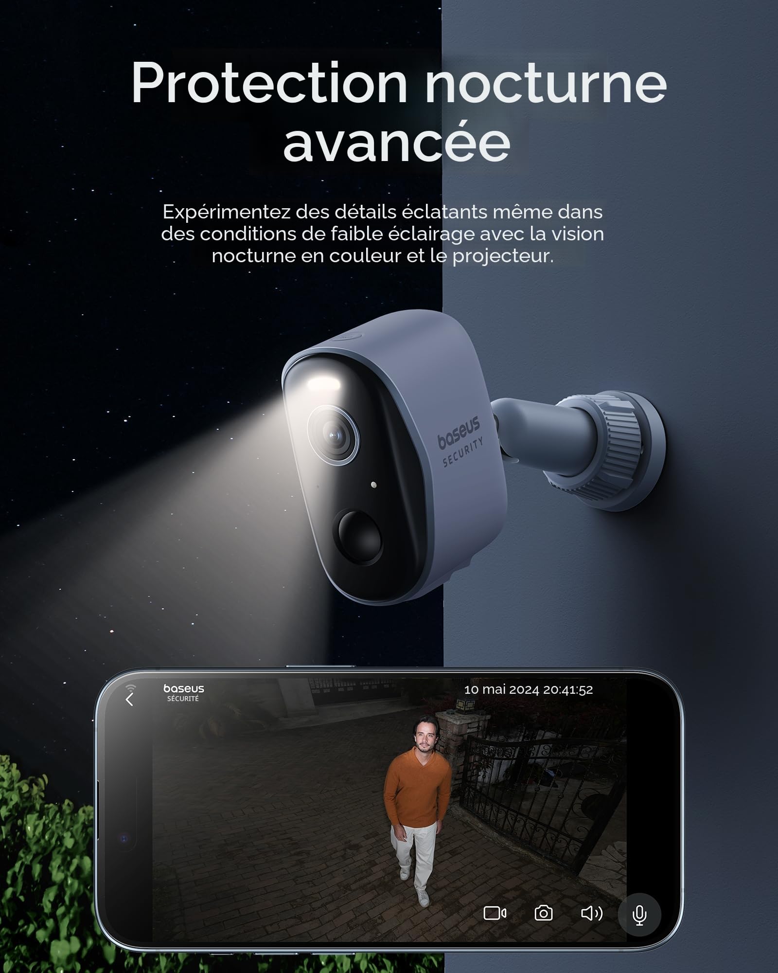Baseus Caméra de sécurité extérieure sans Fil avec clarté 2K, sans Frais mensuels, Stockage Local Extensible de 16 to, autonomie de la Batterie de 210 Jours, projecteur et Alarme, Fonctionne avec