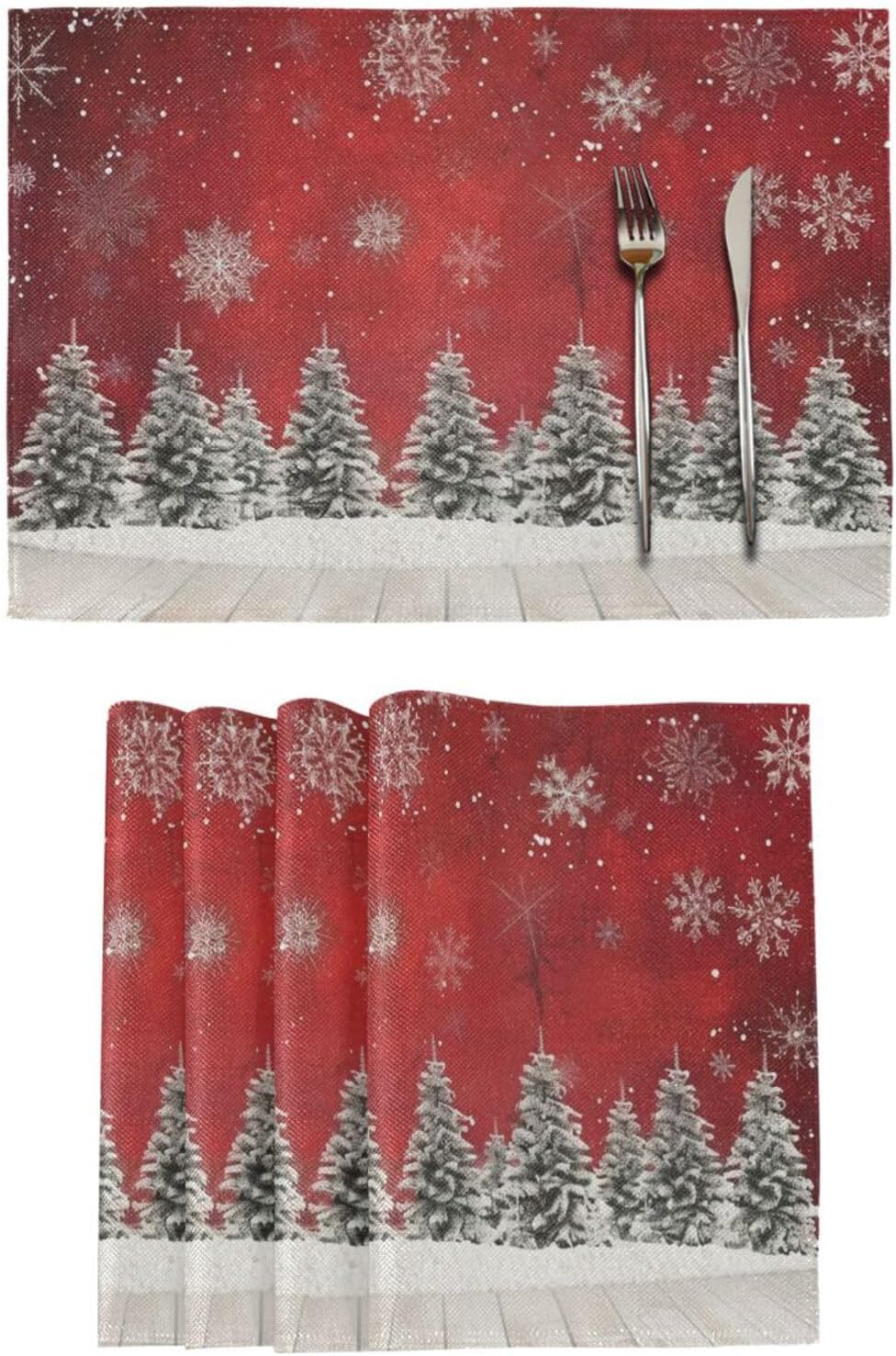 Christmas Placemats Set of 6 Happy Christmas Trees Snowflakes Print Placemat Table Place Mats for Dining Kitchen Table Easy to Clean Washable