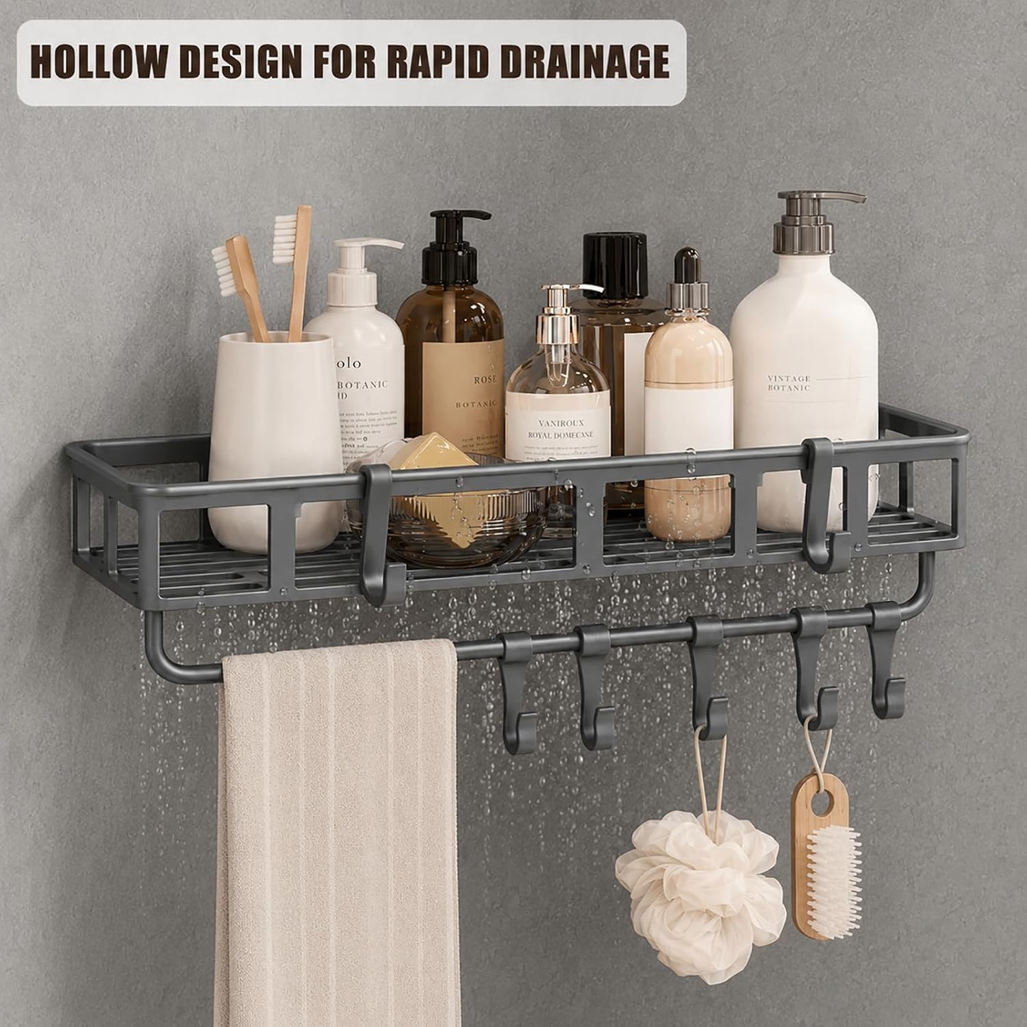 Shower Caddy Hanging Gray, 1 Pack Rustproof Adhesive Corner Shower Shelves | Quick-Drain Hanging Shower Caddies on Wall
