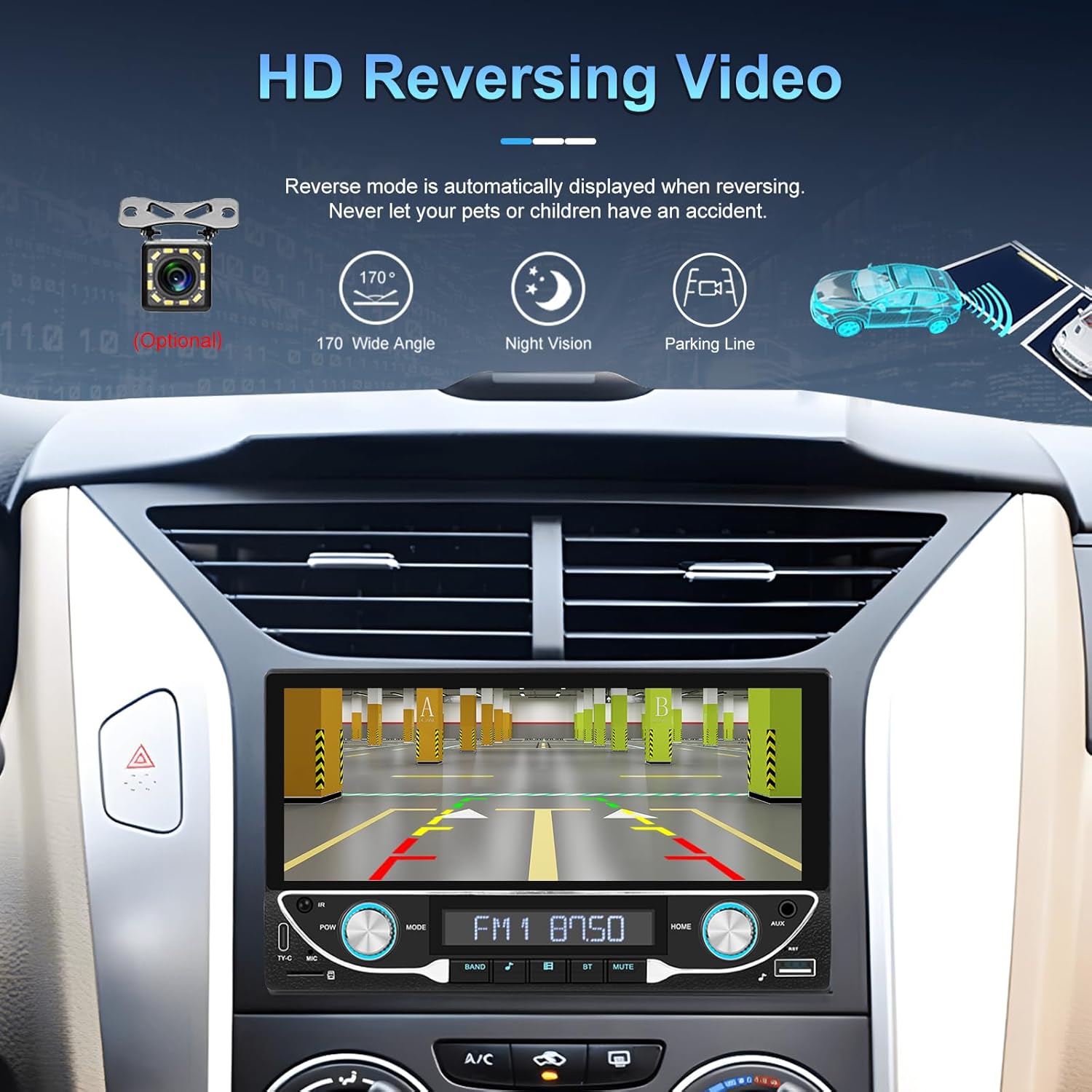 Car stereo display showing a clear reversing image with parking lines, and icons indicating 170-degree wide angle and night vision.
