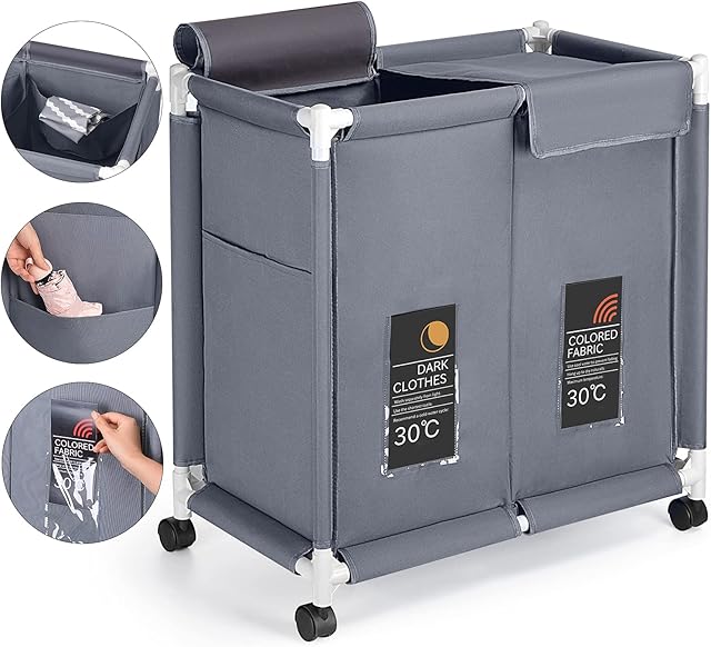 Hivexagon 2 Section Laundry Basket with Lid, Laundry Hamper, Laundry Sorter, 110L Large Oxford Clothes Laundry Sorter with Rolling Wheels, Lid and Sorting Cards for Clothes & Toys Storage Gray