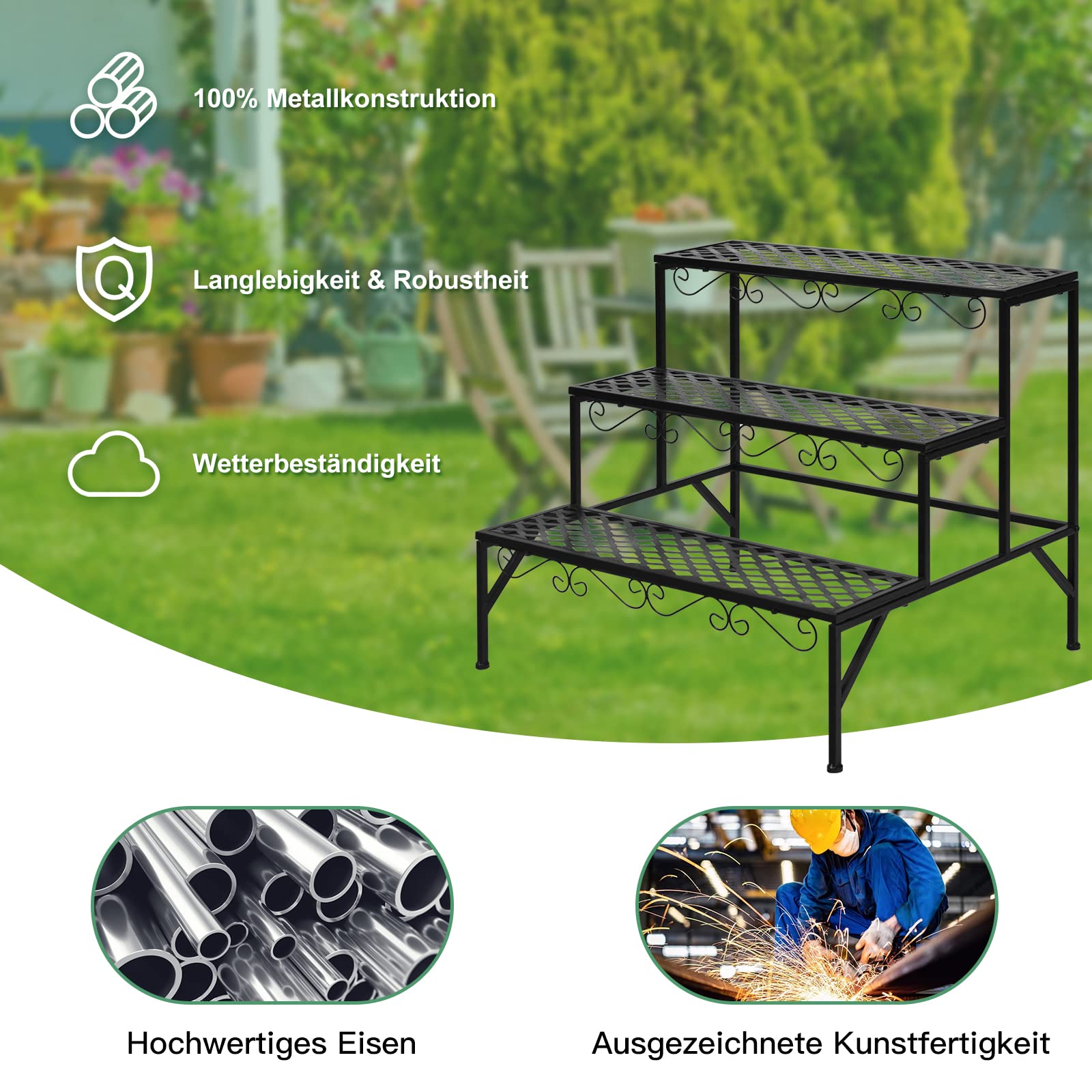RELAX4LIFE Escalera para Flores de 3 Niveles de Metal, Soporte para Flores con Pies Antideslizantes, Estantería de Almacenamiento para Balcón, Terraza, Jardín, Salón, 70x60x60,5cm, Negro