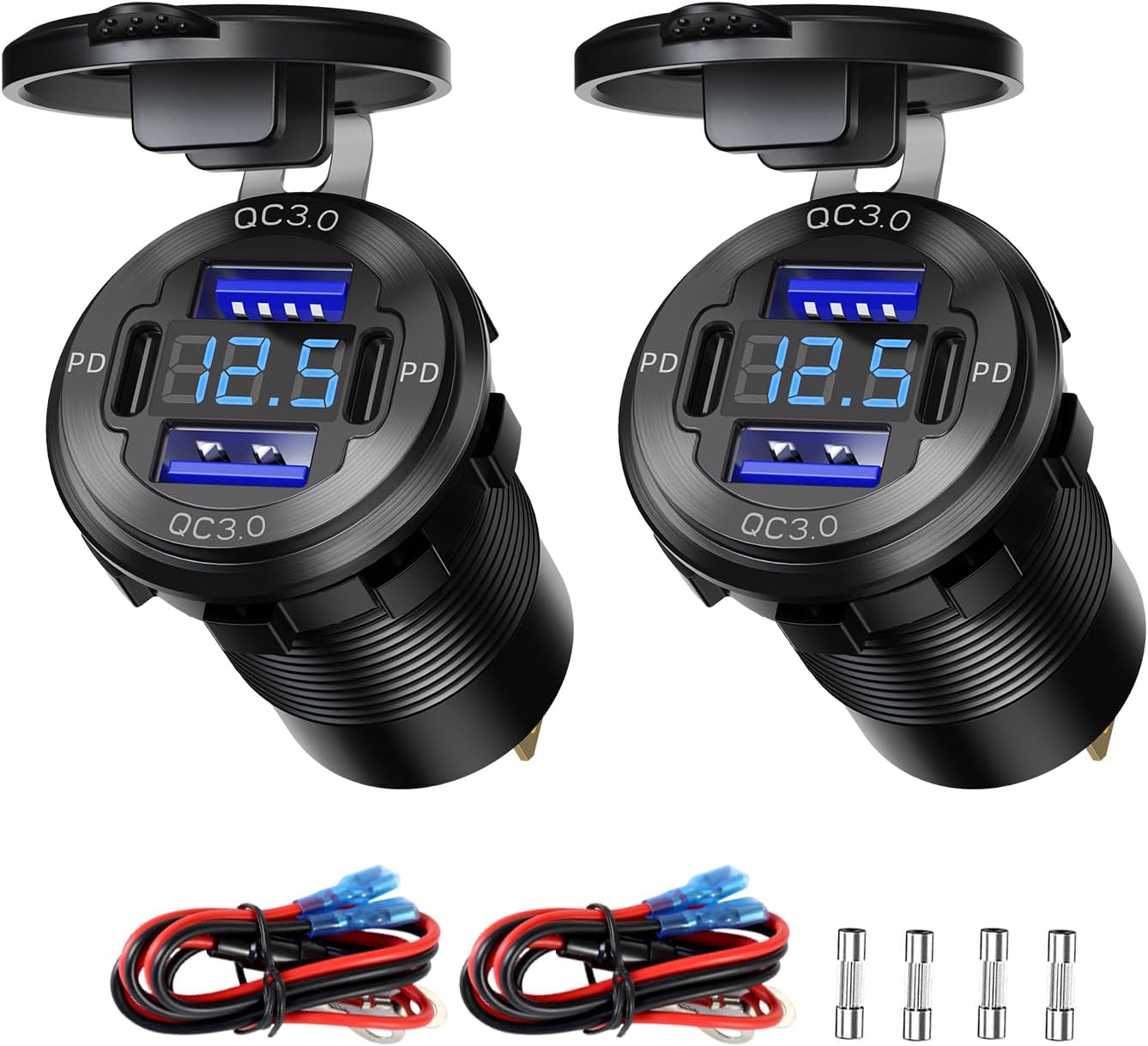 Upgraded 4 Port 12V USB Outlet Aluminum Car Charger, Dual PD & QC Multi Port for Car, Waterproof USB C Cigarette Lighter Replacement Socket with Voltmeter for Marine Boat Motorcycle RV (Pack of 2)