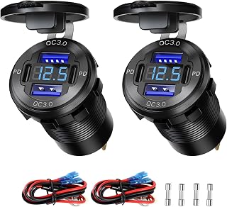 Upgraded 4 Port 12V USB Outlet Aluminum Car Charger, Dual PD & QC Multi Port for Car, Waterproof USB C Cigarette Lighter Replacement Socket with Voltmeter for Marine Boat Motorcycle RV (Pack of 2)
