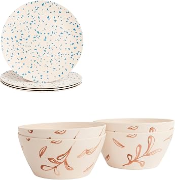 Nook Theory Bamboo Dinner Plates 10" and Bowl V Shaped - Kids and Toddler Bowls, Non-Toxic, Dishwasher Safe, Reusable Terrablue and Wildflower