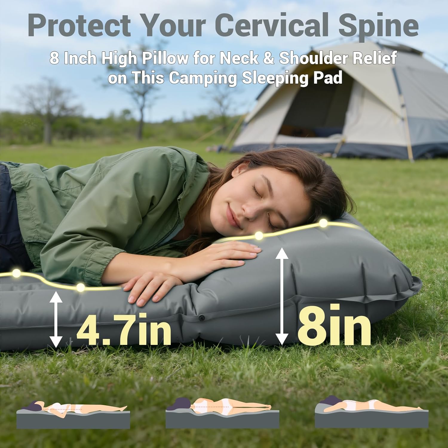Inflatable Camping Sleeping Pad with 8 in Pillow, Thick 4.7 Inch Ultralight Camping Pad with Built-in Pump, Compact Self Inflating Sleeping Pad for Backpacking Hiking Travel Tent