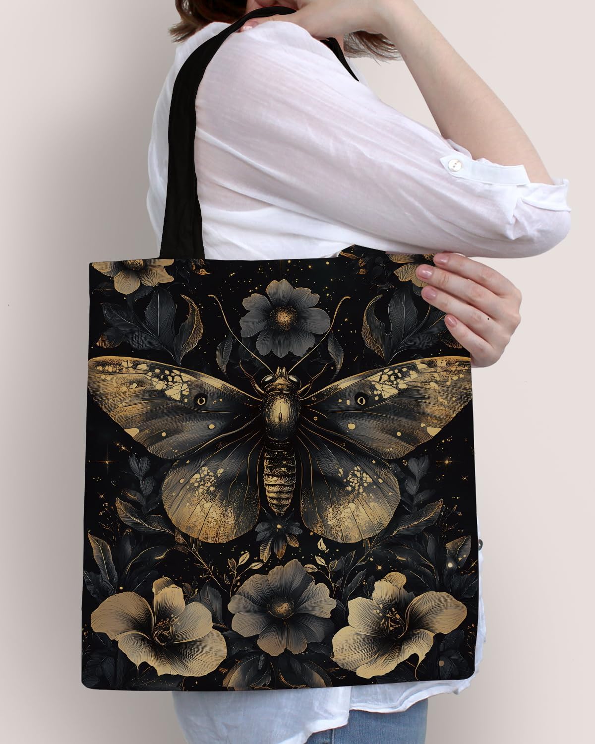 Witchy Floral Butterfly Print Canvas Tote Bag for Women Butterfly Dark Goth Reusable Grocery Shoulder Bag for Shopping Travel Work Beach Aesthetic Totes - Image 2