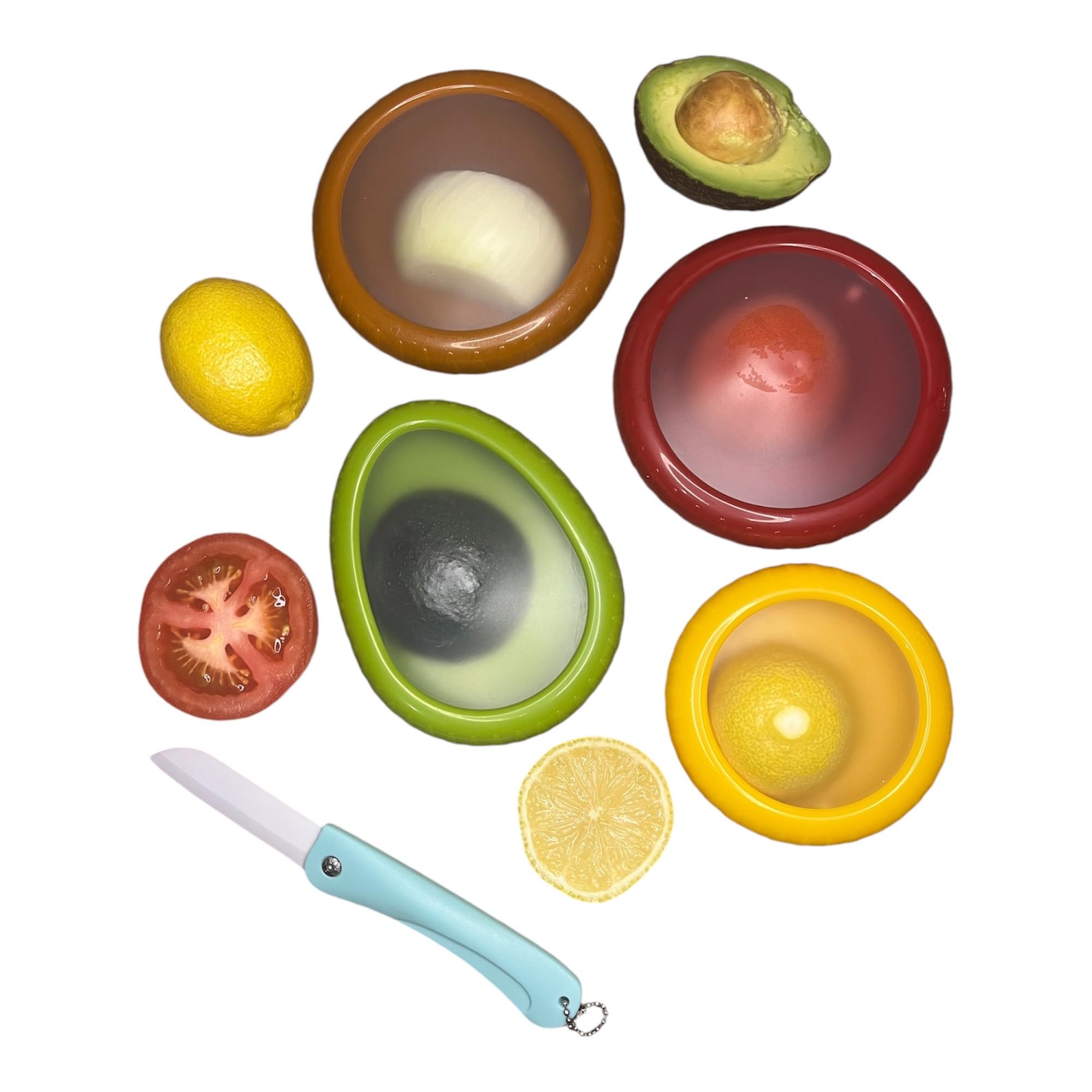 Generic 4pcs Silicone Food Storage Containers - Avocado, Onion, Lemon & Tomato Savers with Bonus Knife