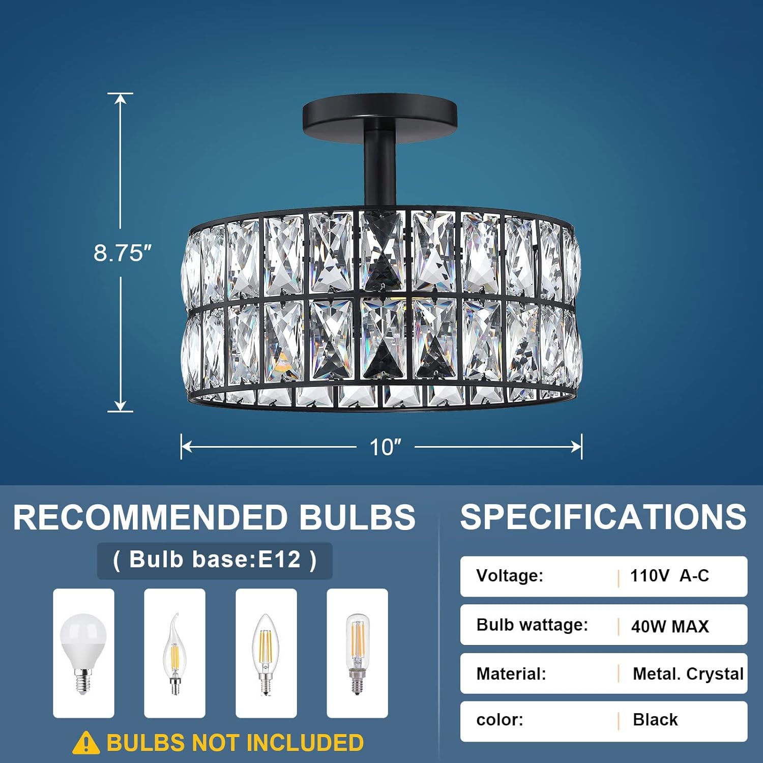 Doraimi Lighting Crystal Drum Ceiling Light Black 12 Inch 2 Light Semi Flush Mount Farmhouse Fixture for Living Room Dining Room Bedroom Kitchen Island Hallway