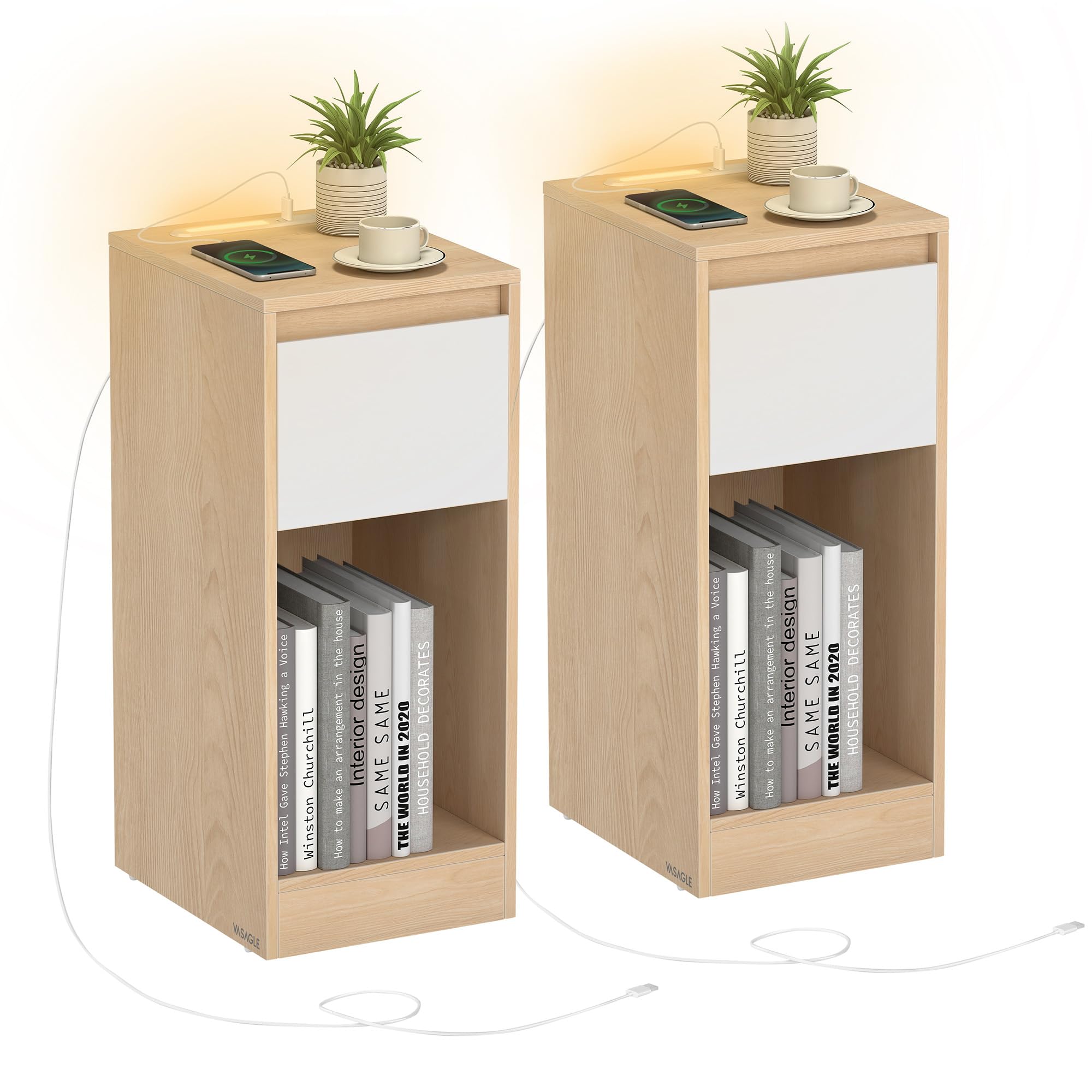 VASAGLE Kailyn Collection - Lot de 2, Table de Chevet, Table d’Appoint, avec Éclairage, 1 Port USB-A, 1 Port USB-C, Tiroirs et Compartiments Ouverts, Chambre, Jaune Amande et Blanc Nuage LET710Y01