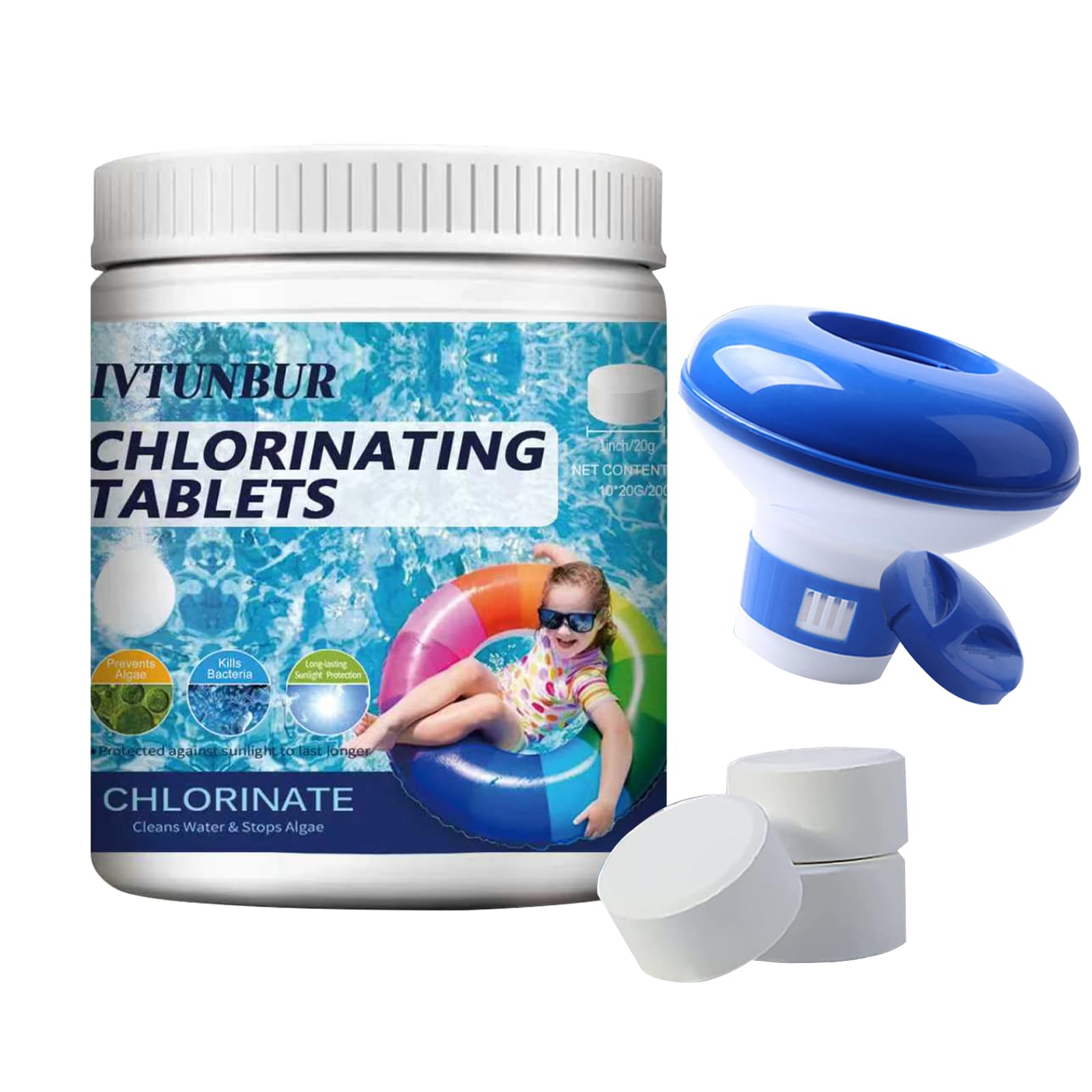 Chlorine Tablets for Swimming Pool with Floating Dispenser - 1 Inch Chlorine Tablets for Hot Tub Paddling Pool Lazy Spa Ice Bath, 200G