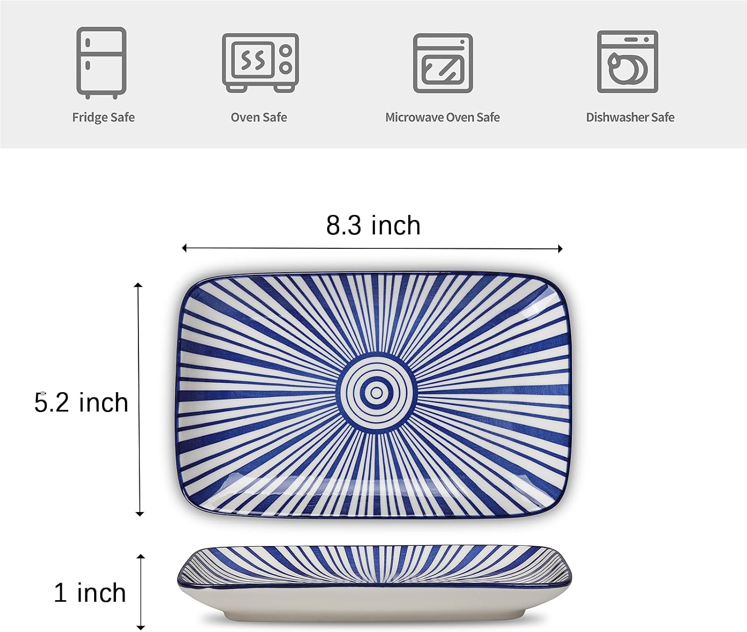 Selamica Ceramic Rectangular Salad Plates Set of 4, Small Serving Plates for Appetizers, Sushi, Fruit, Assorted Colors