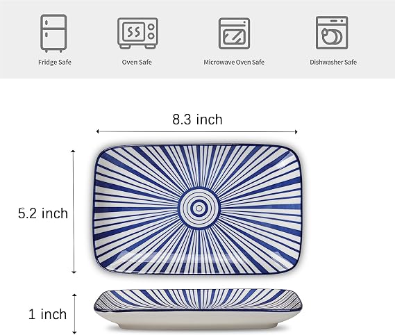 Selamica Ceramic Rectangular Salad Plates Set of 4, Small Serving Plates for Appetizers, Sushi, Fruit, Assorted Colors
